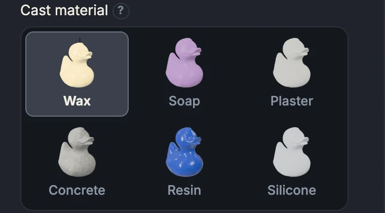 The “Cast material” choice: wax, soap, plaster, concrete, resin, silicone