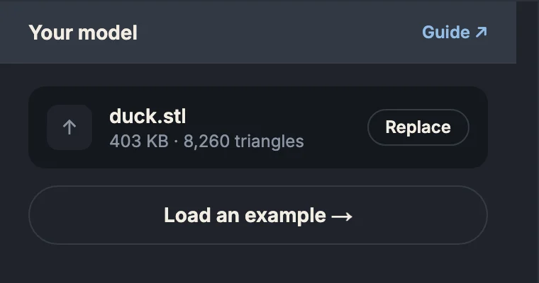 The “Your model” panel: duck.stl and the “Load an example” button