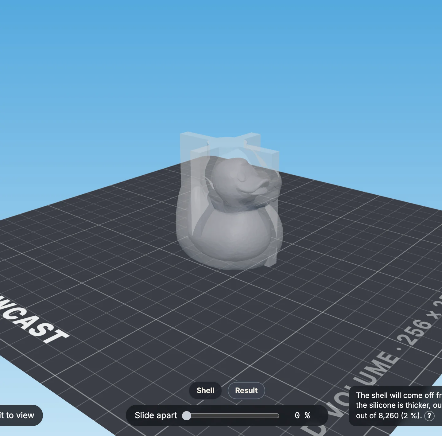 The Result tab: a translucent silicone mold around the model
