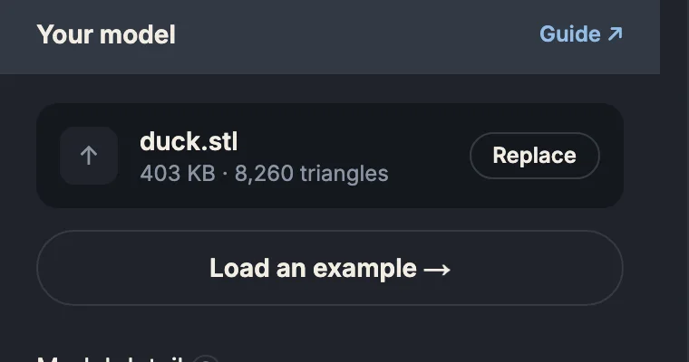The “Your model” panel: duck.stl and the “Load an example” button
