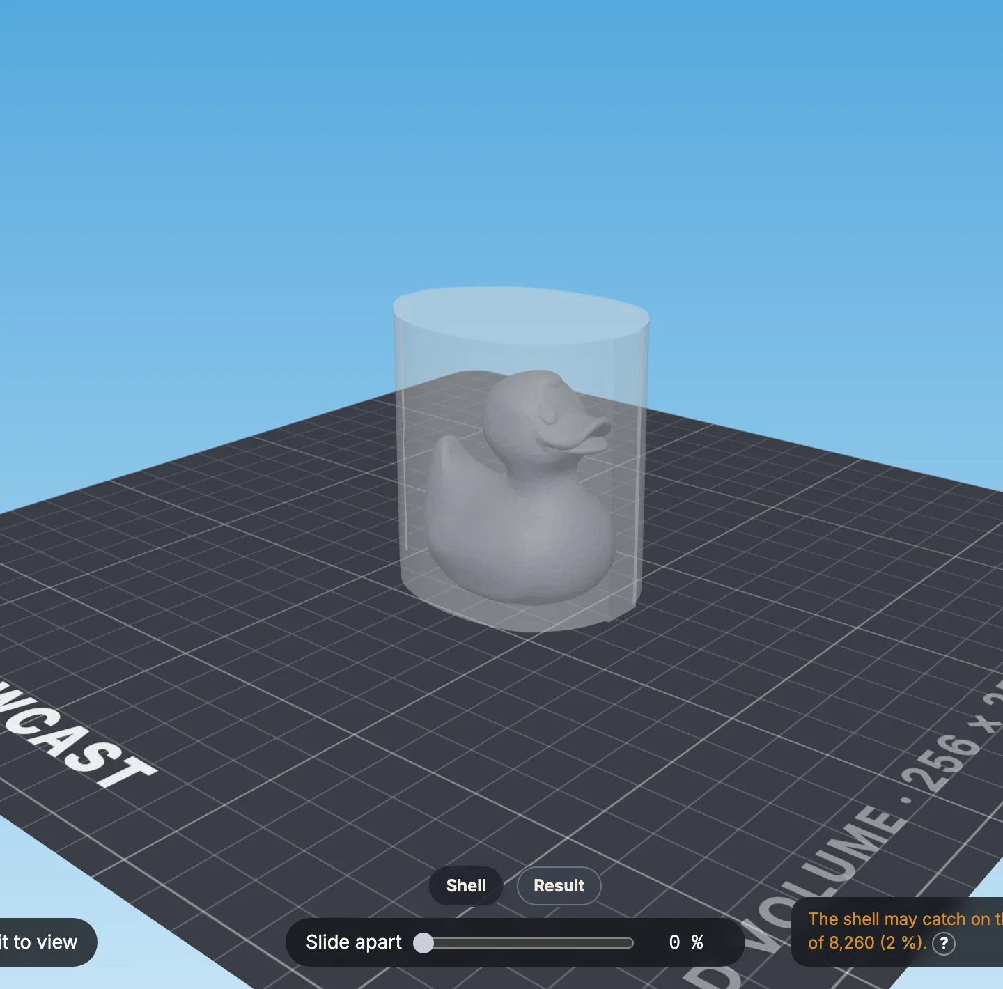 The Result tab: a translucent silicone block around the model