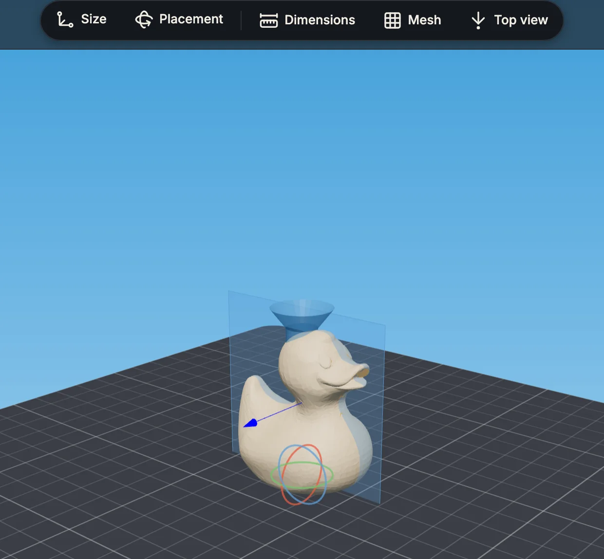 The duck on the bed, a transparent seam plane through it and a funnel on top