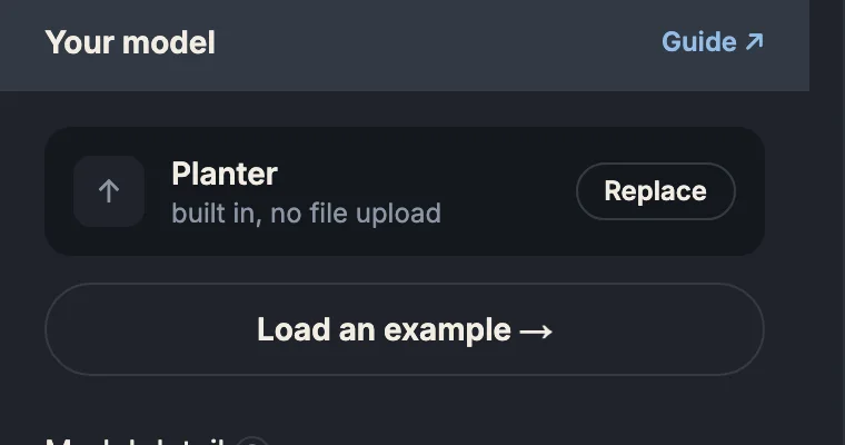 The “Your model” panel: the built-in planter and the “Load an example” button
