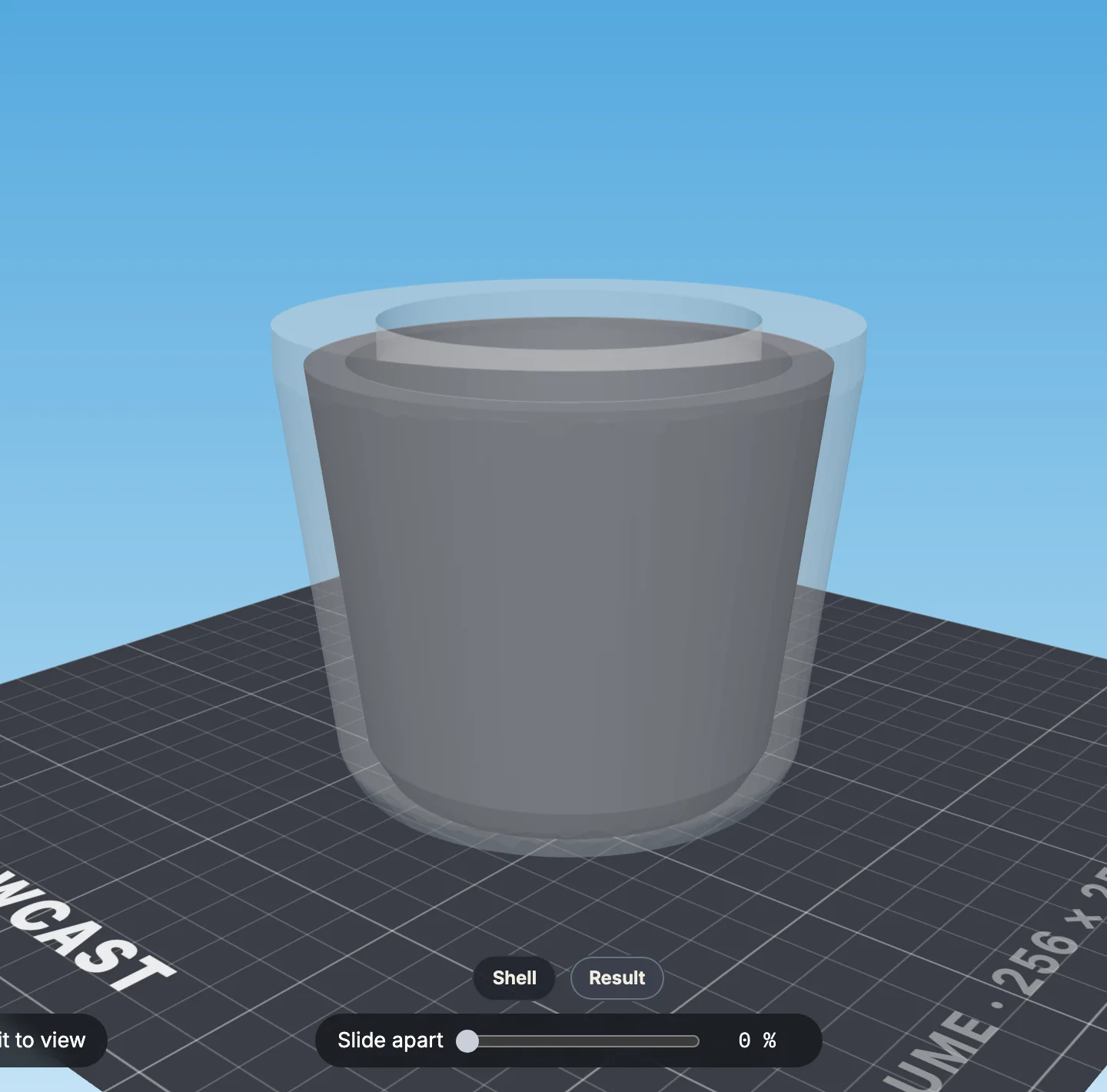 The Result tab: a translucent silicone mold around the planter