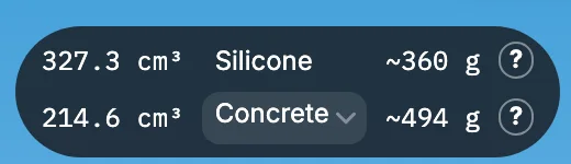 The badge: silicone about 360 g, concrete about 494 g